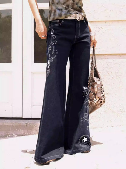 "Star Vine Weaving Dream" Embroidered Low Waisted Retro Bell Bottoms Jeans【s0000013817】