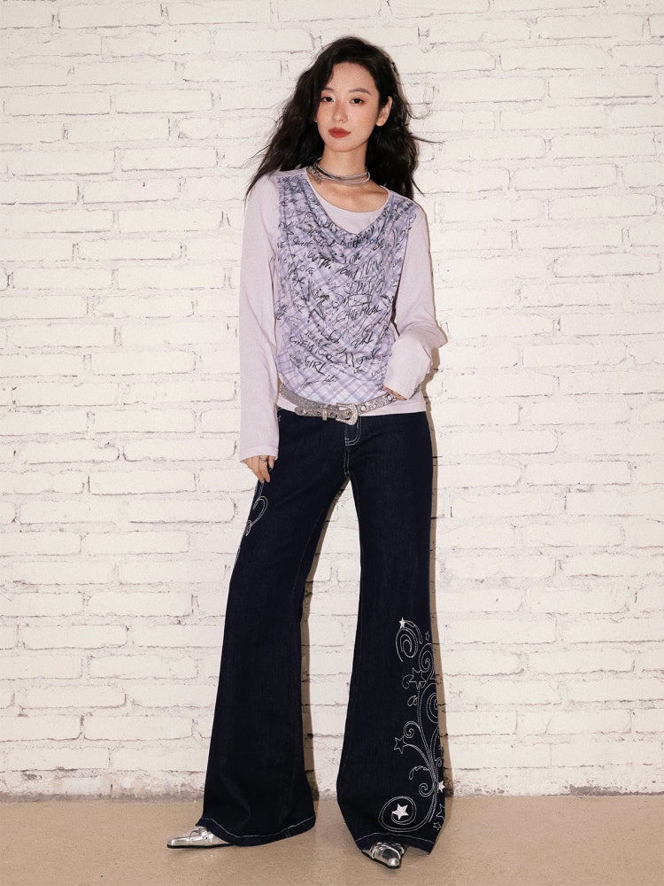 "Star Vine Weaving Dream" Embroidered Low Waisted Retro Bell Bottoms Jeans【s0000013817】