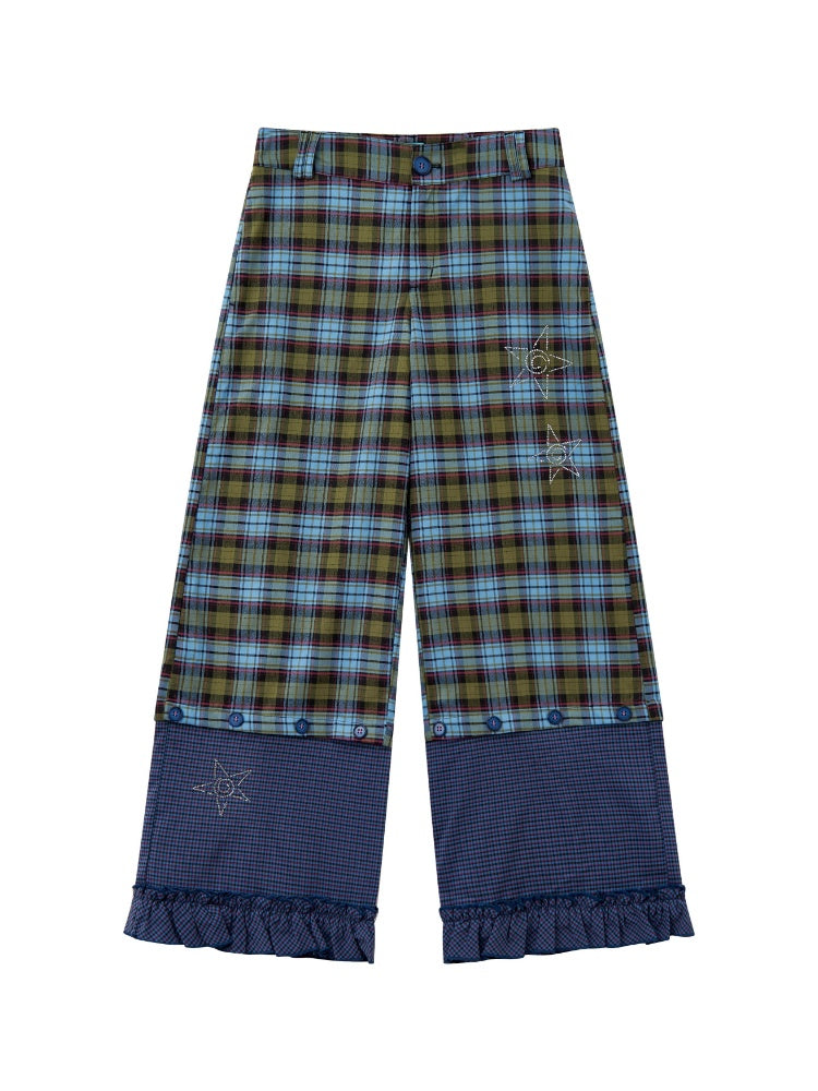 "Blue Star Candy" Ghost Horse Patchwork Plaid Pants Straight Leg Pants【s0000013818】