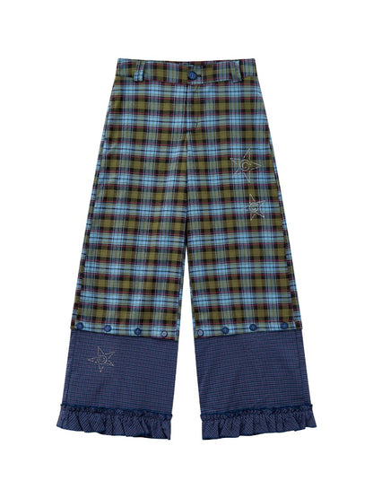 "Blue Star Candy" Ghost Horse Patchwork Plaid Pants Straight Leg Pants【s0000013818】