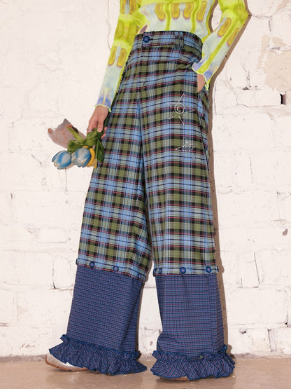 "Blue Star Candy" Ghost Horse Patchwork Plaid Pants Straight Leg Pants【s0000013818】