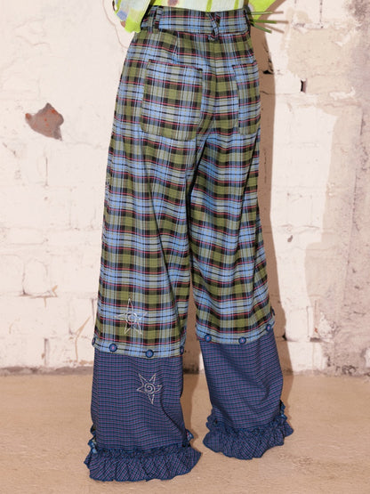 "Blue Star Candy" Ghost Horse Patchwork Plaid Pants Straight Leg Pants【s0000013818】