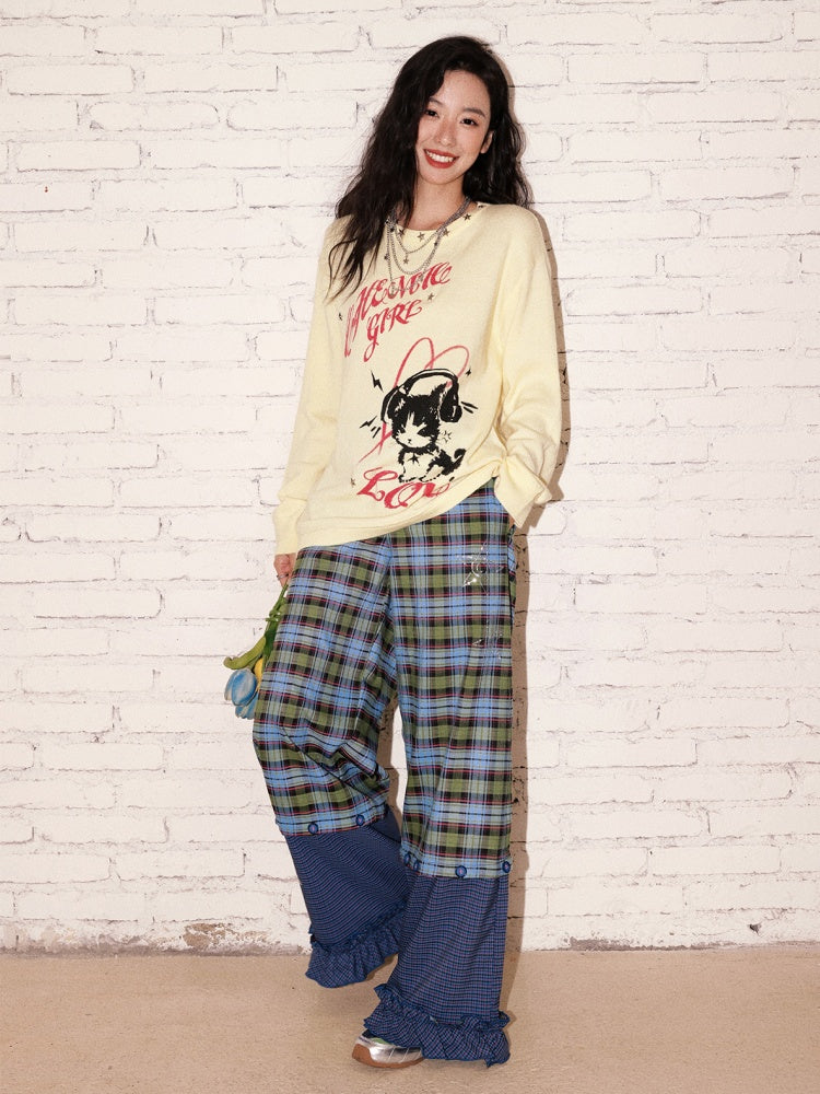 "Blue Star Candy" Ghost Horse Patchwork Plaid Pants Straight Leg Pants【s0000013818】
