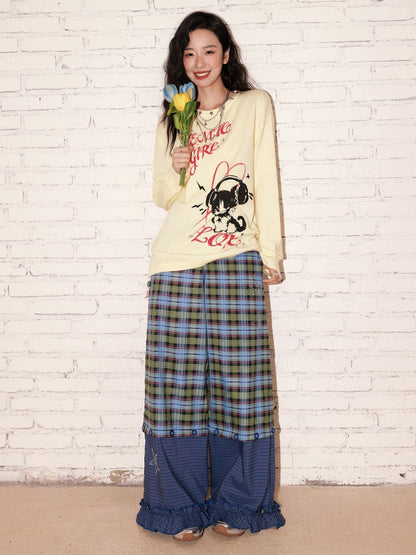 "Blue Star Candy" Ghost Horse Patchwork Plaid Pants Straight Leg Pants【s0000013818】