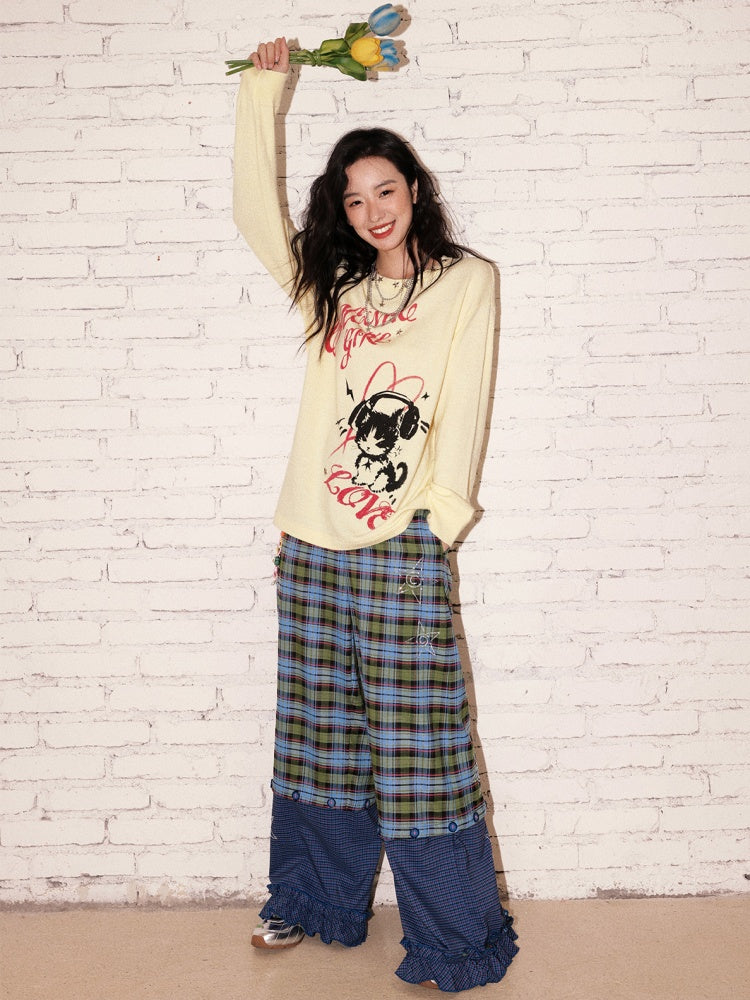 "Blue Star Candy" Ghost Horse Patchwork Plaid Pants Straight Leg Pants【s0000013818】