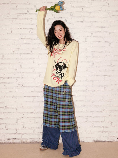 "Blue Star Candy" Ghost Horse Patchwork Plaid Pants Straight Leg Pants【s0000013818】