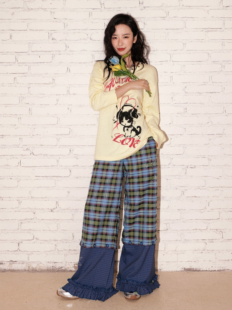 "Blue Star Candy" Ghost Horse Patchwork Plaid Pants Straight Leg Pants【s0000013818】