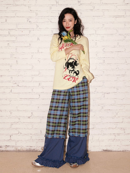 "Blue Star Candy" Ghost Horse Patchwork Plaid Pants Straight Leg Pants【s0000013818】
