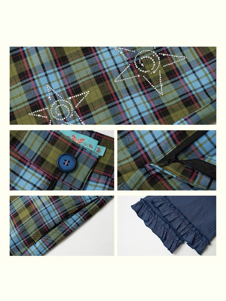 "Blue Star Candy" Ghost Horse Patchwork Plaid Pants Straight Leg Pants【s0000013818】