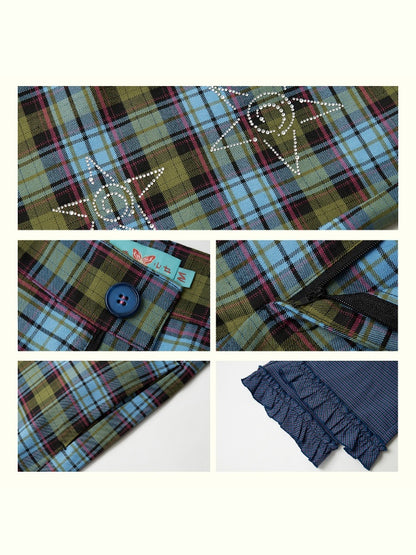 "Blue Star Candy" Ghost Horse Patchwork Plaid Pants Straight Leg Pants【s0000013818】