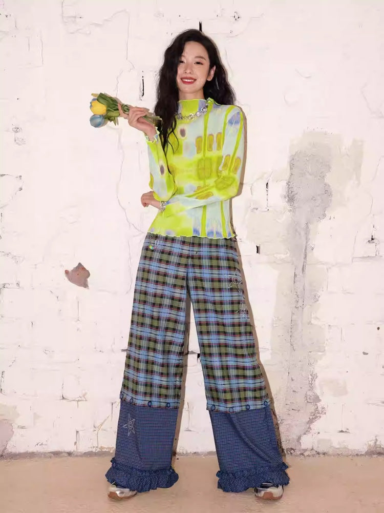 "Blue Star Candy" Ghost Horse Patchwork Plaid Pants Straight Leg Pants【s0000013818】