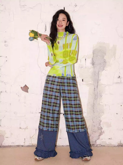 "Blue Star Candy" Ghost Horse Patchwork Plaid Pants Straight Leg Pants【s0000013818】