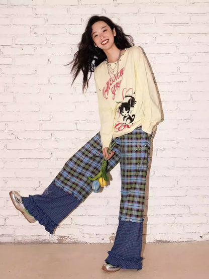 "Blue Star Candy" Ghost Horse Patchwork Plaid Pants Straight Leg Pants【s0000013818】