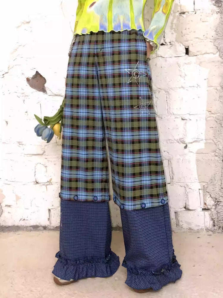 "Blue Star Candy" Ghost Horse Patchwork Plaid Pants Straight Leg Pants【s0000013818】