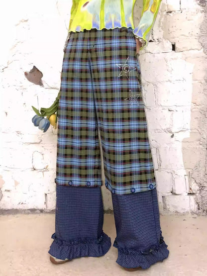 "Blue Star Candy" Ghost Horse Patchwork Plaid Pants Straight Leg Pants【s0000013818】