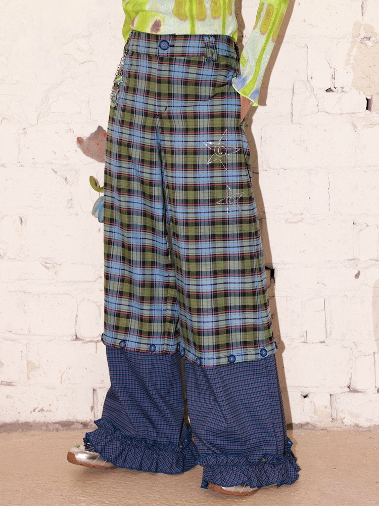 "Blue Star Candy" Ghost Horse Patchwork Plaid Pants Straight Leg Pants【s0000013818】