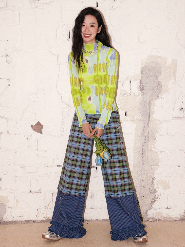 "Blue Star Candy" Ghost Horse Patchwork Plaid Pants Straight Leg Pants【s0000013818】