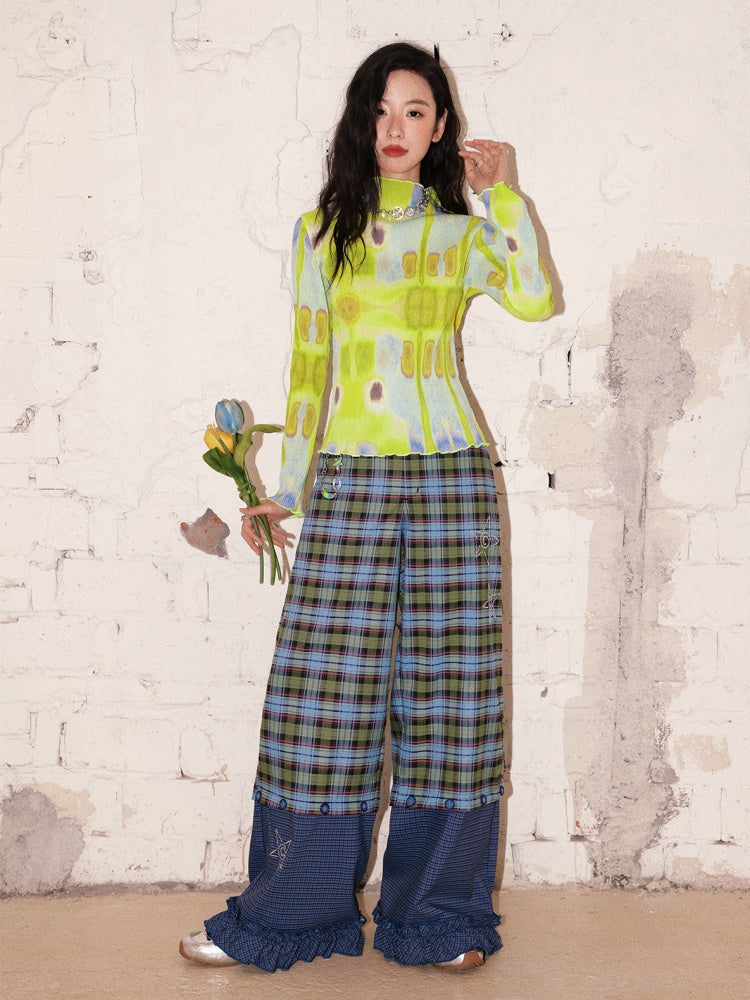 "Blue Star Candy" Ghost Horse Patchwork Plaid Pants Straight Leg Pants【s0000013818】