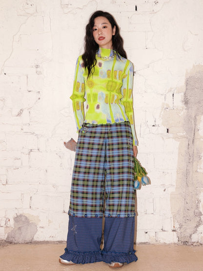 "Blue Star Candy" Ghost Horse Patchwork Plaid Pants Straight Leg Pants【s0000013818】