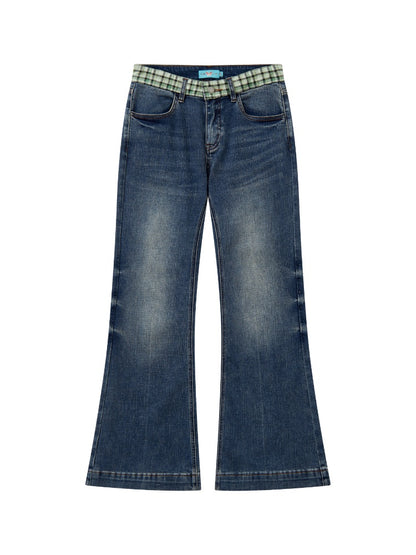 "Memory Pastoral" Plaid Splicing Low Rise Straight Leg Jeans【s0000013819】