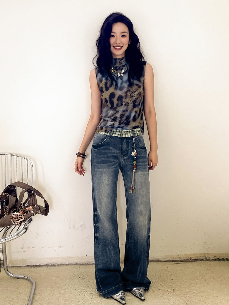 "Memory Pastoral" Plaid Splicing Low Rise Straight Leg Jeans【s0000013819】