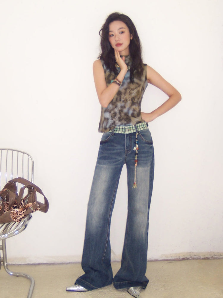 "Memory Pastoral" Plaid Splicing Low Rise Straight Leg Jeans【s0000013819】