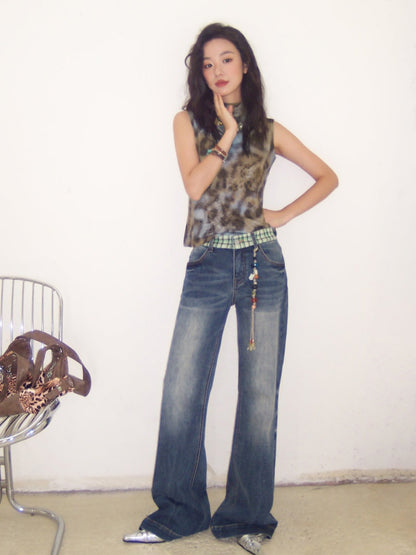 "Memory Pastoral" Plaid Splicing Low Rise Straight Leg Jeans【s0000013819】