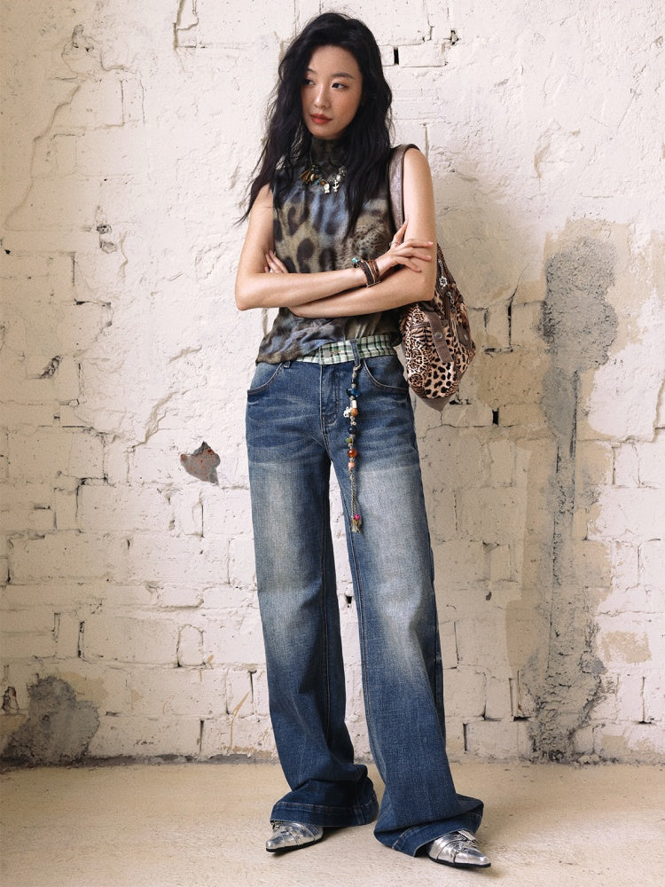 "Memory Pastoral" Plaid Splicing Low Rise Straight Leg Jeans【s0000013819】