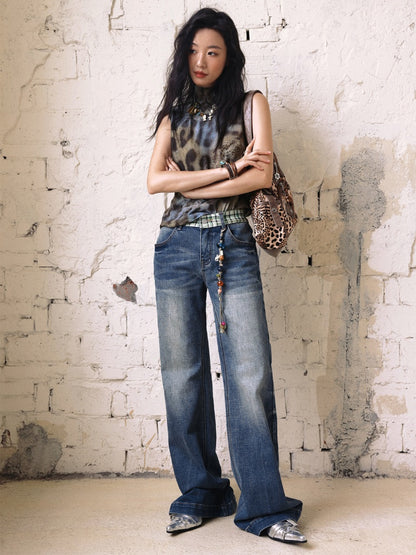 "Memory Pastoral" Plaid Splicing Low Rise Straight Leg Jeans【s0000013819】