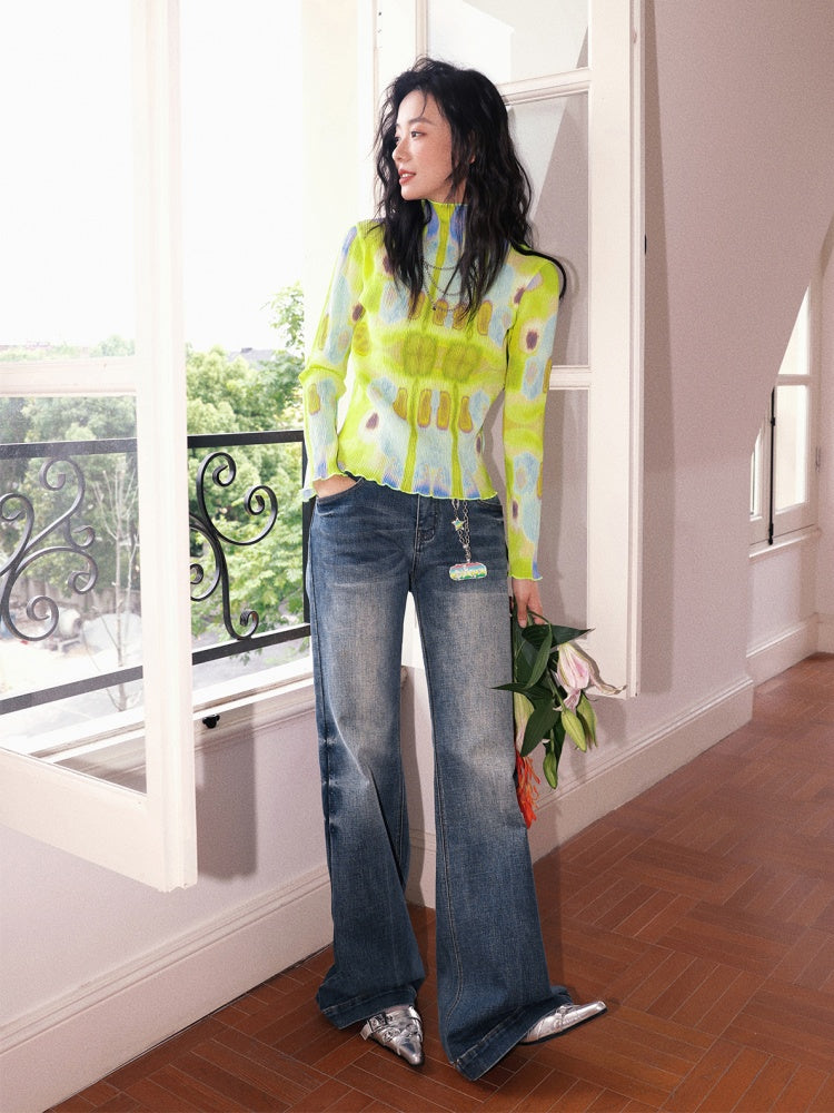 "Memory Pastoral" Plaid Splicing Low Rise Straight Leg Jeans【s0000013819】