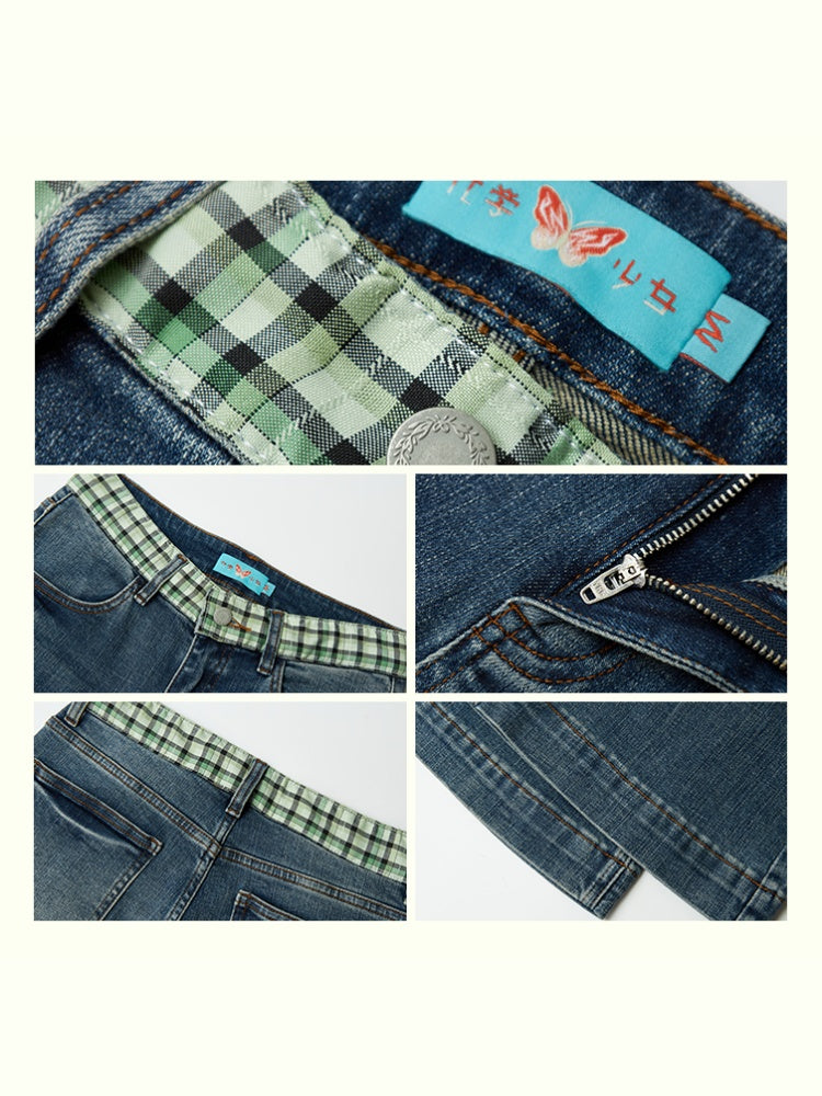 "Memory Pastoral" Plaid Splicing Low Rise Straight Leg Jeans【s0000013819】