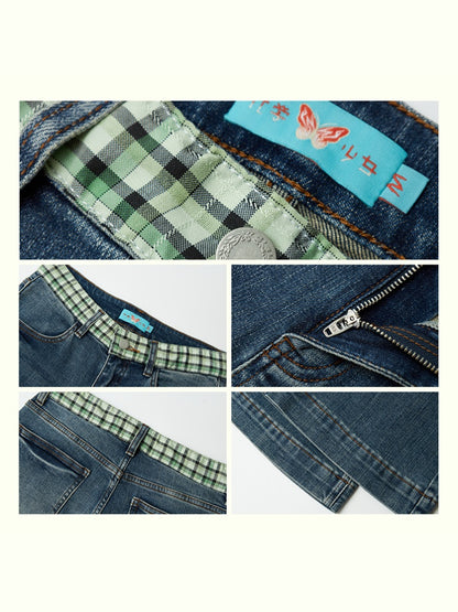 "Memory Pastoral" Plaid Splicing Low Rise Straight Leg Jeans【s0000013819】