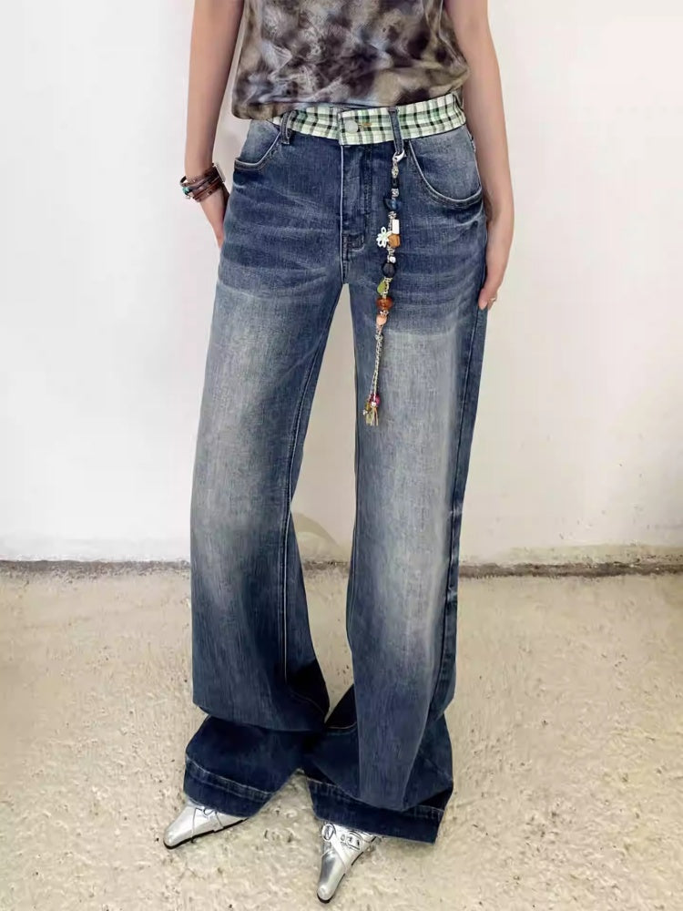 "Memory Pastoral" Plaid Splicing Low Rise Straight Leg Jeans【s0000013819】