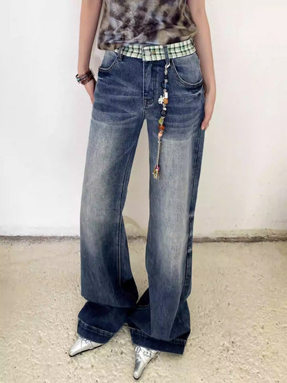 "Memory Pastoral" Plaid Splicing Low Rise Straight Leg Jeans【s0000013819】