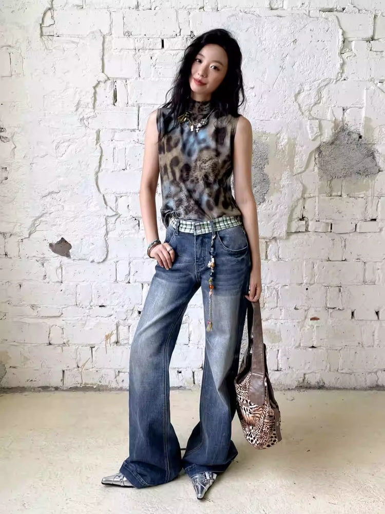 "Memory Pastoral" Plaid Splicing Low Rise Straight Leg Jeans【s0000013819】