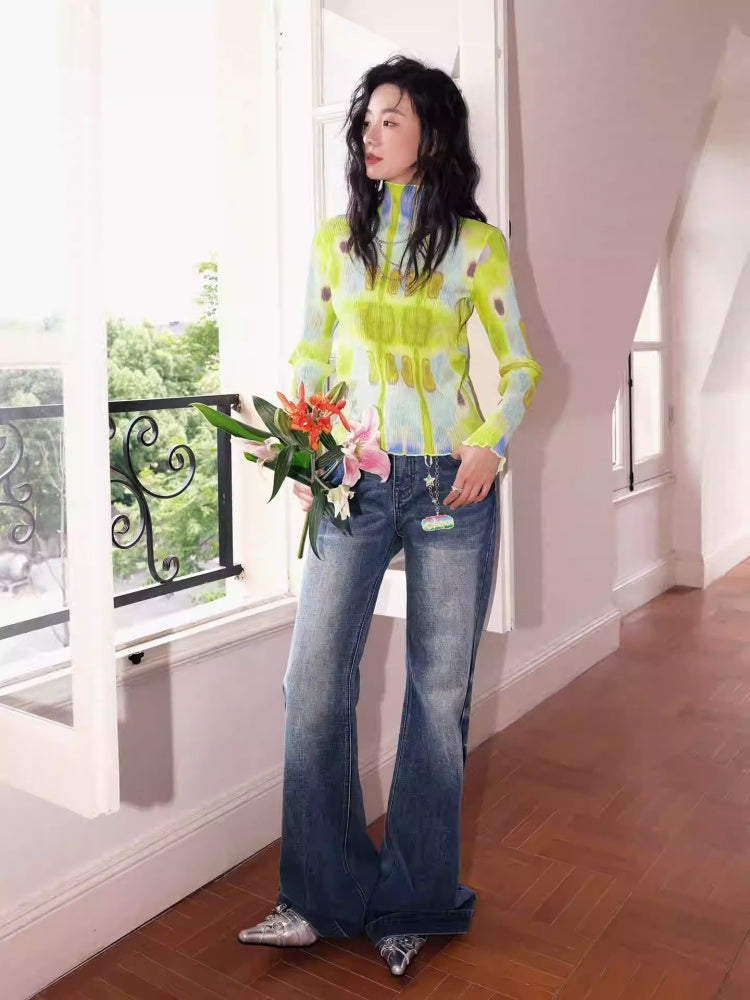 "Memory Pastoral" Plaid Splicing Low Rise Straight Leg Jeans【s0000013819】