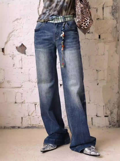 "Memory Pastoral" Plaid Splicing Low Rise Straight Leg Jeans【s0000013819】