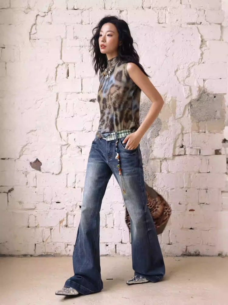 "Memory Pastoral" Plaid Splicing Low Rise Straight Leg Jeans【s0000013819】