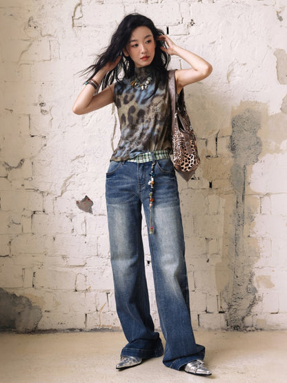 "Memory Pastoral" Plaid Splicing Low Rise Straight Leg Jeans【s0000013819】