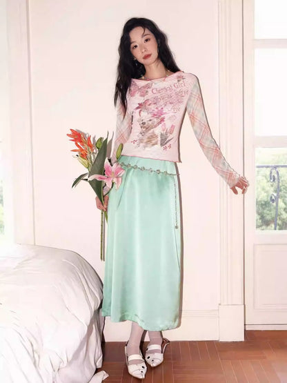 "Colorful Time Box" Satin Glossy Texture Philosophical Skirt【s0000013820】