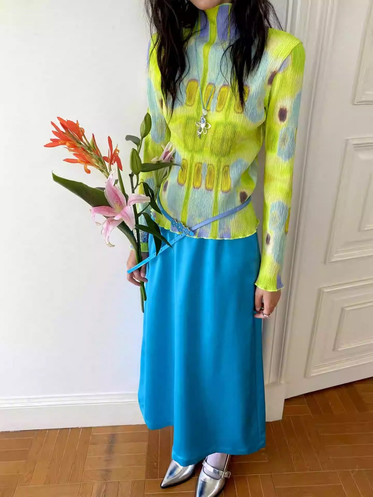"Colorful Time Box" Satin Glossy Texture Philosophical Skirt【s0000013820】