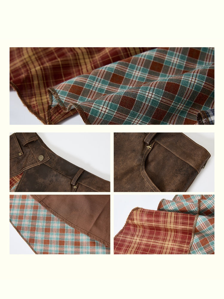"Yano Collection" Leather Patchwork Plaid Irregular Retro Personality Casual Skirt【s0000013821】