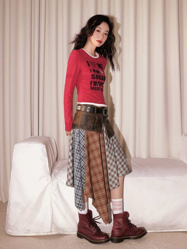 "Yano Collection" Leather Patchwork Plaid Irregular Retro Personality Casual Skirt【s0000013821】