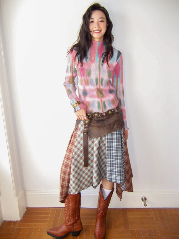 "Yano Collection" Leather Patchwork Plaid Irregular Retro Personality Casual Skirt【s0000013821】