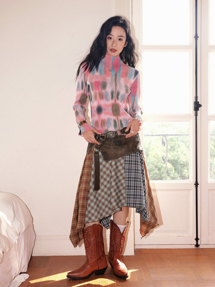 "Yano Collection" Leather Patchwork Plaid Irregular Retro Personality Casual Skirt【s0000013821】