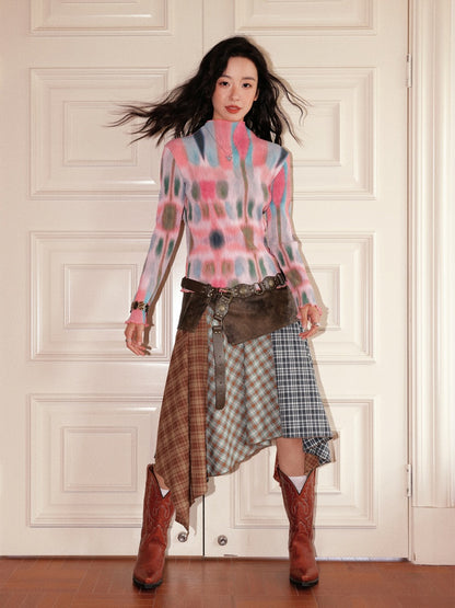 "Yano Collection" Leather Patchwork Plaid Irregular Retro Personality Casual Skirt【s0000013821】