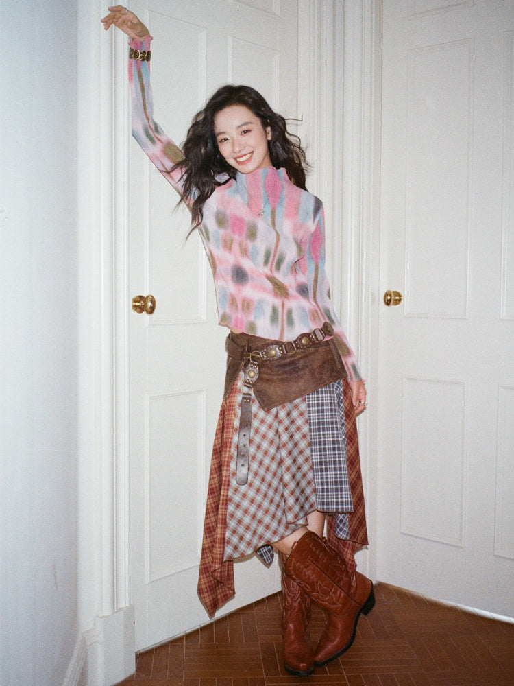 "Yano Collection" Leather Patchwork Plaid Irregular Retro Personality Casual Skirt【s0000013821】