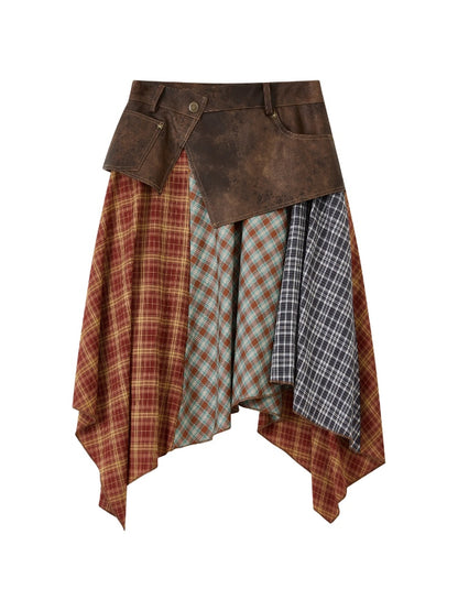 "Yano Collection" Leather Patchwork Plaid Irregular Retro Personality Casual Skirt【s0000013821】