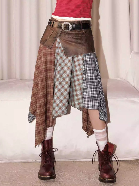 "Yano Collection" Leather Patchwork Plaid Irregular Retro Personality Casual Skirt【s0000013821】
