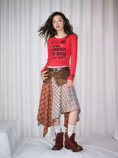 "Yano Collection" Leather Patchwork Plaid Irregular Retro Personality Casual Skirt【s0000013821】